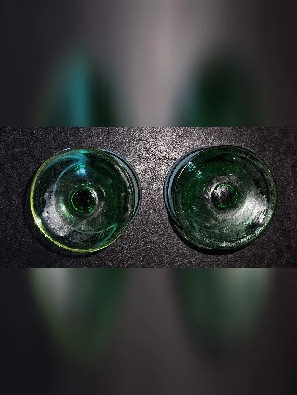 Vintage Emerald Green Coupe Glasses with White Stripe and Gold Trim- Set of 2